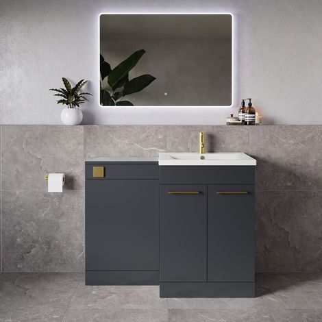 Napoli 460 Gloss Grey Pearl 1100mm 2 Door Vanity Unit Toilet Suite with Glide Basin - 1100mm - Brushed Brass 160mm HandleWithout Kingston Toilet Pan