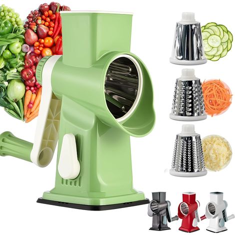 Coupe Legumes Multifonctions, Mandoline Cuisine avec 3 Lames de Tambour Détachables, Mandoline de Cuisine Manuelle pour Oignons Fromage Carotte Concombre, etc, Cuisine Accessoires (Vert) (1/5)
