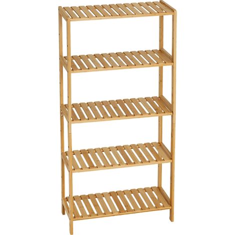 Étagère de salle de bain étroite à 5 niveaux en bambou avec étagères à lattes, support pour plantes en bois naturel, porte-serviettes sur pied, étagère d'angle pour salle de bain, entrée, chambre, cui (1/5)