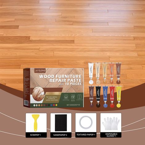 Holzmöbel-Reparaturmasse für Löcher und Risse – 10 Stück Reparaturpaste, 1 Spachtel, 2 Blatt Schleifpapier, 1 Stück Klebeband, 1 Paar Handschuhe -- DE (1/5)