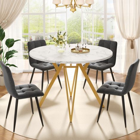Set tavolo e sedie da pranzo 100x100x76 cm, piano effetto marmo, gambe in metallo, MDF e lino, oro e grigio (1/5)