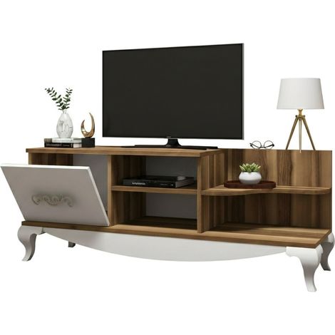 Dmora - Mobile porta TV Assolo, Credenza da soggiorno, Armadio basso per TV, Base parete attrezzata, 130x45h51 cm, Noce e Bianco