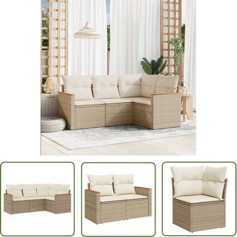 The Living Store Salon de jardin avec coussins 4 pcs beige résine tressée - Ensemble Salon De Jardin - Mobilier De Jardin - Canapé Extérieur - Chaise Longue - Set De Jardin (1/5)