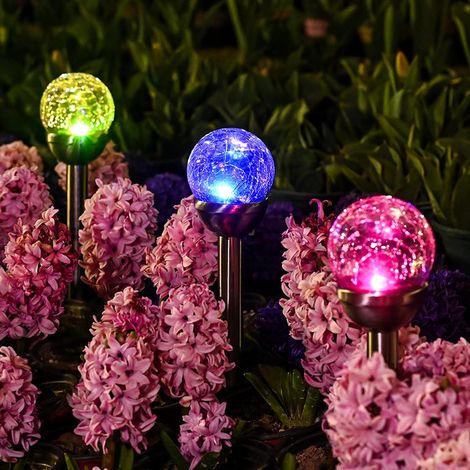 Lot de 3 lampes solaires d'extérieur en forme de boule de verre craquelé à double LED, lumières de paysage/allée pour chemin, terrasse, cour, changement de couleur et blanc (1/5)