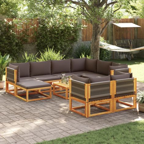 Salon de Jardin Bas 10 Pièces en Bois d'Acacia Massif et Corde Tressée avec Coussins Gris - PANGIVO (1/5)