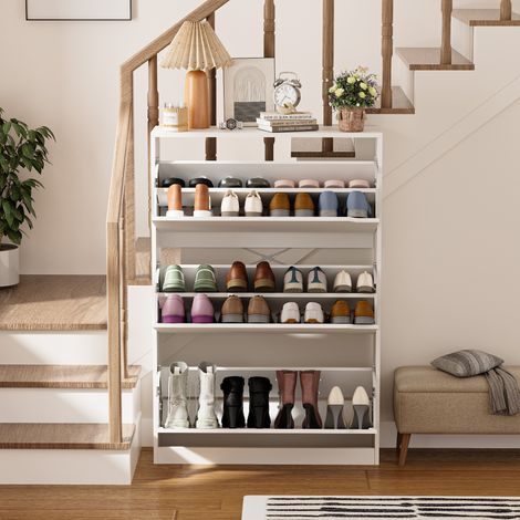 Meuble à chaussures étroit en bois 3 compartiments basculants sans poignée finition blanche (1/5)