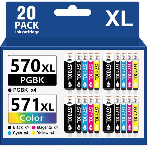 570 571 XL Cartouche d'encre Compatibles pour Cartouche Canon 571 570 pour Imprimante Canon MG5750 pour PIXMA TS5050 TS5055 TS5053 MG6852 MG6850 MG5700 MG5752 MG7750 TS8050 TS9050 (20 Pack) (1/5)