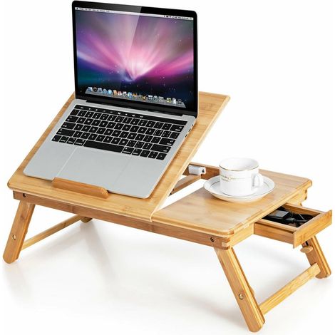 Pour le lit ou le salon, plateau pour ordinateur portable, 4 inclinaisons, tiroir latéral, en bambou (1/5)