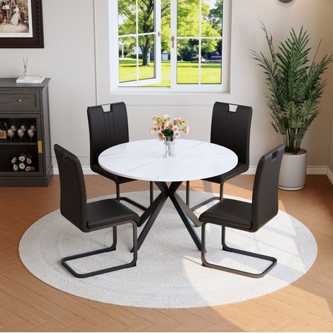 Ensemble repas 3 pièces : table ronde effet marbre blanc et 2 chaises noires en PU, métal (1/5)