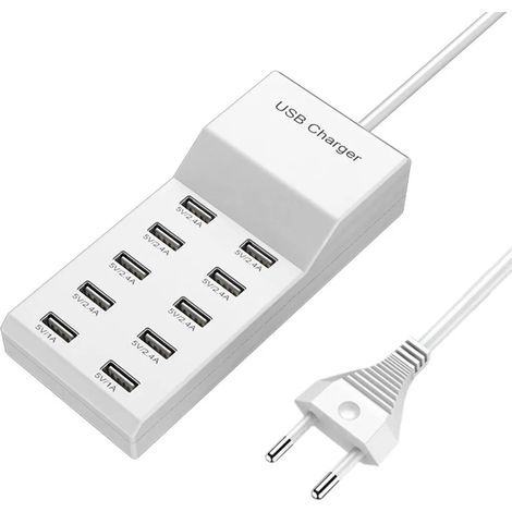 10-Port-USB-Ladestation, USB-Ladegerät, tragbare Steckdose, kompatibel mit verschiedenen Geräten wie Smartphones, Tablets und Laptops.
