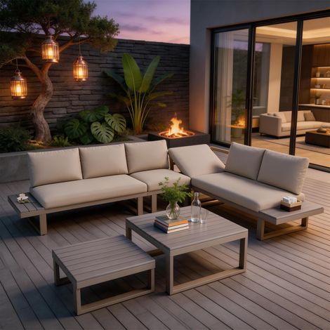 5-6 Seater Garden Lounge Set, Galvanized Iron Frame Outdoor Patio Furniture, 6-Piece Set, Reclining & Adjustable Seating, 2 WPC Tabletop Table Included, Beige Fabric + Khaki Frame