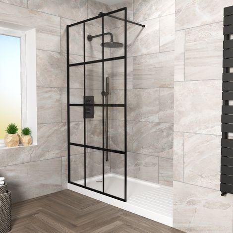 Stanley 1000mm Black Grid Framed Walk-In Shower Enclosure with Support Bar (1/5)