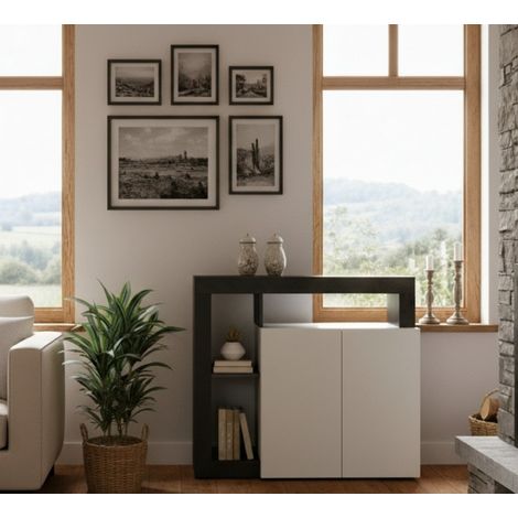 Credenza - 3 Ripiani 2 Ante, Bianco Lucido, -, 108x42x93h cm Ovalle