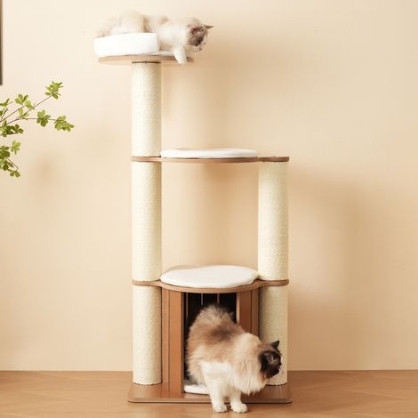 135 cm hoher Katzenbaum mit dickem zentralem Pfosten (12 cm), 3 Plattformen, 1 Katzenhöhle, abnehmbaren Kissen und Kippschutz wasser- und feuchtigkeitsbeständig.
