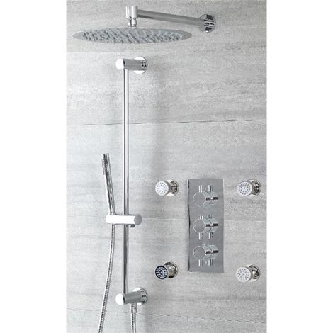Milano Mirage 3 Outlet Triple Thermostatic Mixer Shower Valve with Wall Mounted 300mm Round Rainfall Shower Head  Hand Shower Handset Slide Rail Bar Kit and Four Body Jets - Chrome (1/4)