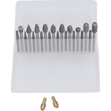 Juego de 20 fresas rotativas de carburo de tungsteno de doble filo, con vástago de 3,2 mm (1/8 pulg.) y 2 pinzas de sujeción para taladrar, tallar, grabar, pulir y cortar madera. (1/5)