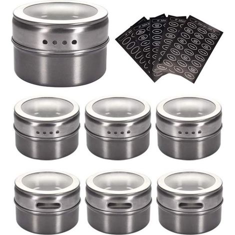 Pots à épices aimantés - Lot de 6 en acier inoxydable - couvercle transparent - ShopVlot (1/5)