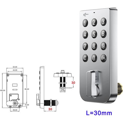 (Argent L30mm) Serrure à combinaison électrique à bouton-poussoir pour armoire, tiroir ou boîte aux lettres, en alliage de zinc. (1/5)
