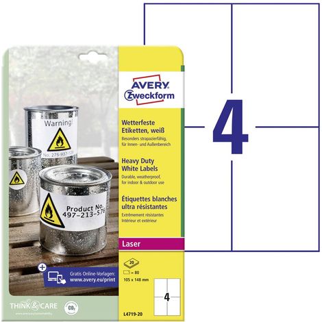 Avery-Zweckform L4719-20 Etichetta a pellicola 105 x 148 mm Pellicola in poliestere Bianco 80 pz. A tenuta permanente S (1/5)