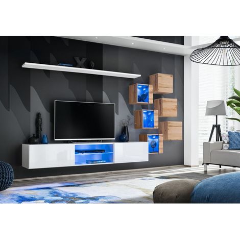 Ensemble meuble TV mural Switch XXI - L 240 x P 40 x H 120 cm - Blanc et marron - Livraison gratuite