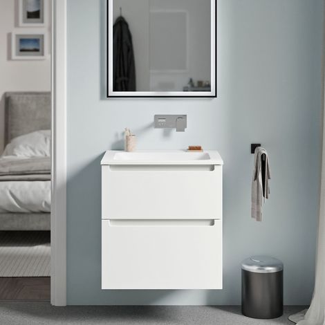 BERNSTEIN - Mobile lavabo sospeso MDF bianco opaco, lavabo Ghisa senza foro rubinetto, cassetti girevoli - 60x46x62cm - VIREO	Bianco opaco, Bianco opaco senza foro rubinetto