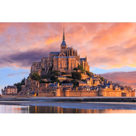 Tableau sur toile Ciel orange Mont St-Michel 65x97 cm - Impression sur Toile Murale Décorative - Image imprimée en HD sur Toile - Toile sur Châssis en Bois FSC - Fabriqué en France (1/5)