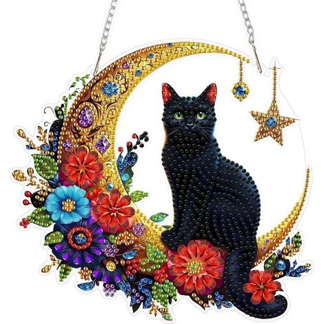Diamantmalerei Fensterbild Schwarze Katze mit Mond und Blumen, Anhänger Deko-Set