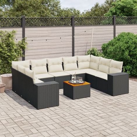 Ensemble Salon Jardin 10 Places Noir Résine Tressée avec Coussins Crème - Meuble Extérieur Modulaire avec Rangement et Table Acacia (1/3)