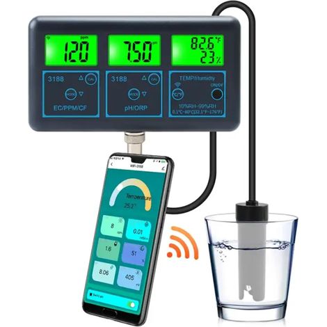 Tuya WiFi 7 in 1 Wasserqualitätstester Multiparameter-Wasseranalysator PH/ORP/EC/PPM//Feuchtigkeit/TEMP-Monitor-Messgerät mit EU-Stecker