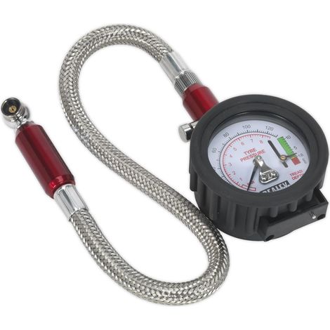 Sealey Tyre Pressure Gauge & Tyre Tread Depth Gauge - Flexible Hose 0-8bar(0-120psi) TSTPDG02