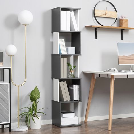 Bibliothèque Moderne Gain de Place à 5 Étagères en Bois, 33x28x161cm, Gris et Blanc (1/5)