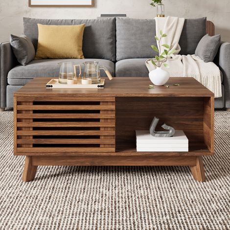 Table basse 90x55x57.5 cm noyer en MDF avec plateau relevable et porte coulissante à jalousie (1/5)