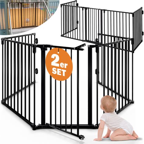 CASARIA® 2x Kaminschutzgitter Baby Laufstall mit Sicherheitstür 612x76cm Ofengitter Metall Kinderschutz ohne Bohren Hundegitter Freistehend Schwarz Kamingitter