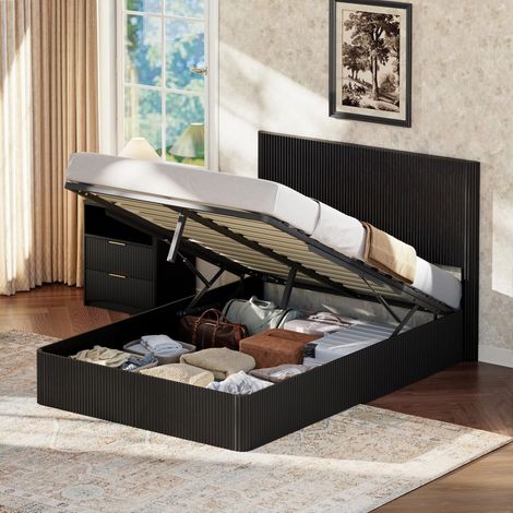 Lit moderne avec design rainuré et système de levage hydraulique – Grand espace de rangement, sommier à lattes en bois massif stable, surface facile d'entretien – 140x200cm – Noir, garantie 2 ans (1/5)