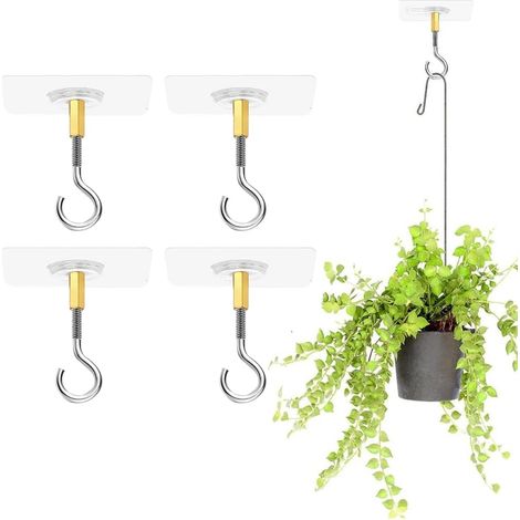 4 Pièces Crochets de Plafond Autocollants Sans Perçage, Transparent pour Plantes Suspendues avec Crochets en Acier Inoxydable, Adhésifs (1/5)