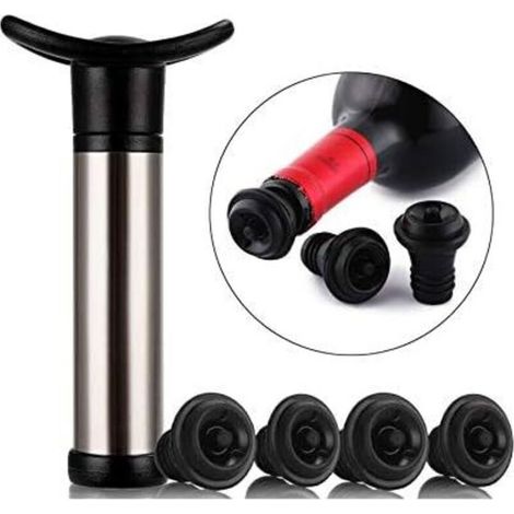 – Pompe à vin sous vide en acier inoxydable – Élimine l'air pour conservation optimale – 4 bouchons inclus – Pour bouteilles standard (1/5)