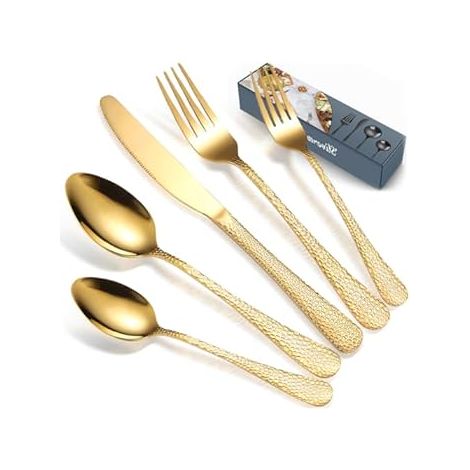 Juego de Cubiertos de Acero Inoxidable Pulido Espejo para 6 Personas, 30 Piezas, Incluye Cuchillos, Tenedores, Cucharas, Lavavajillas, Dorado Brillante (1/4)