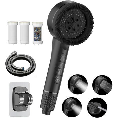 Pommeau de Duche Haute Pression,Pommeau Douche Economie Deau 4 Types de Jets Pommeau de Douche Anti Calcaire avec Tuyau Douche 1.5M et Support de Douche, avec Bouton D'arrêt D'eau Dark black (1/5)