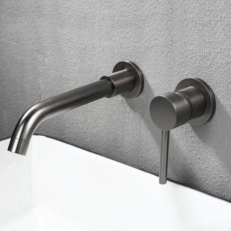 Robinet de Lavabo à Encastrer en Laiton – Mitigeur à Poignée Unique, Eau Chaude et Froide, Bec Pivotant à 360°–Gris (1/4)