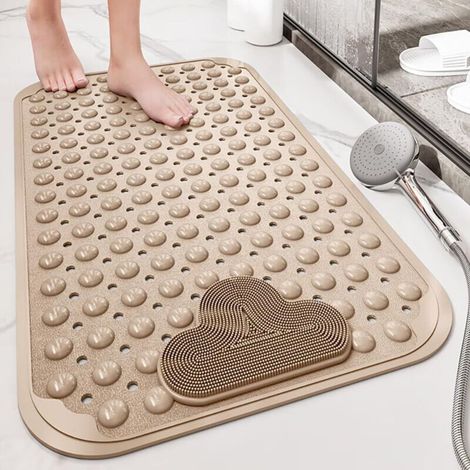 Non-slip bath mat 70 x 40 cm with suction cups - Comfortable bath mat - Machine washable - Khaki (1/5)