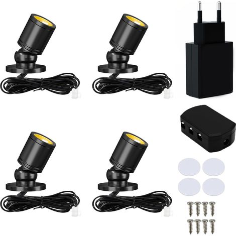 Lot de 4,Mini spot led,Rotatif 360°,USB,3000K Blanc Chaud,Noir Spots LED Mini surface montée 5V 1W Lampe de cabinet Pour armoire couloir galeries magasins armoire bijoux (1/5)