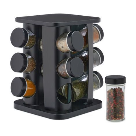 Porte tournante carrée avec 12 bocaux en verre, rotative, avec tamis pour le remplissage, adaptée aux cuisines, noire (1/4)