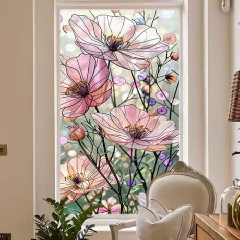 1 sheet of pink daisy pattern window privacy film, frosted glass sticker, static cling (1/5)