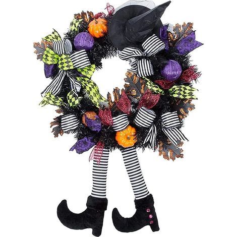 Halloween-Kranz – 61 cm Hexen-Halloween-Kranz mit Hut, Hexenfüßen und Kürbis, Halloween-Dekoration für Tür, Veranda, Fenster, drinnen und draußen (1/5)