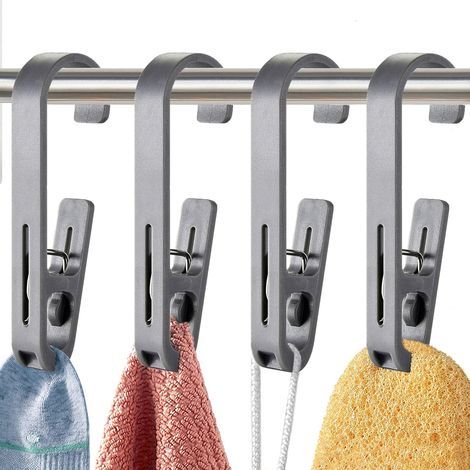 Lot de 4 crochets à linge avec pinces pour chaussettes, bottes, soutiens-gorge, serviettes, en plastique solide pour salle de bain, penderie, cuisine, bureau (gris) (1/5)