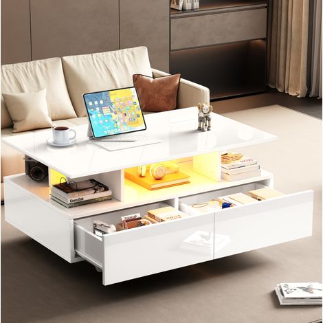 Table basse 90x55x41 cm blanche avec LED et 2 tiroirs, panneaux de particules laqués, MEUBLIV (1/5)