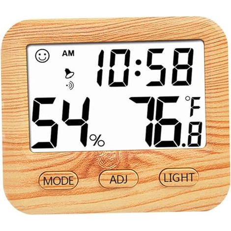 Termómetro higrómetro digital para interiores, medidor de temperatura y humedad de madera con reloj de escritorio para dormitorio y oficina, pantalla de tiempo de prueba precisa, probador (1/5)
