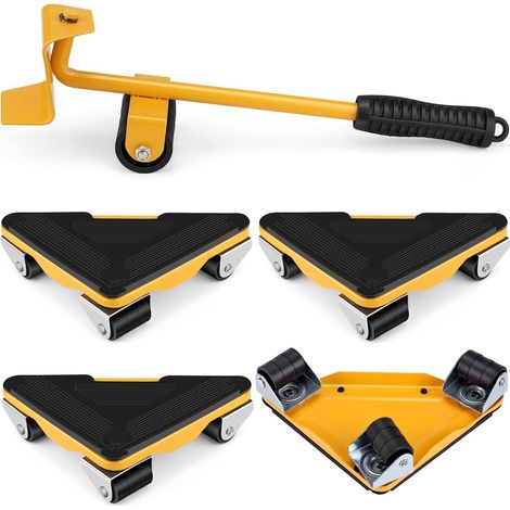 Lot de 5 roulettes de déménagement jaunes, cric et roues pour meubles, chariot de levage, capacité 300 kg, système de roulement facile (1/5)