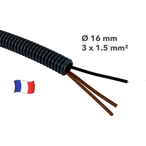 Gaine électrique préfilée 20 mètres diam 16 avec 3 fils Noir, Marron, Marron 1.5 mm² - PREFA ELEC (1/2)