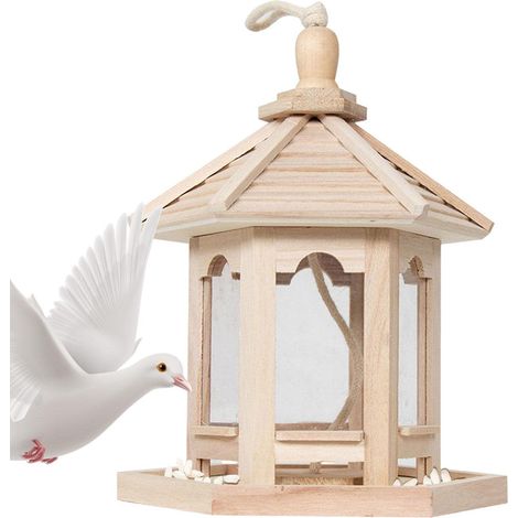 Abri pour Oiseaux à Suspendre en Plein air - CASA Nourriture pour Oiseaux en Bois avec Toit Hexagonal, Mangeoire à Oiseaux Rechargeable pour extérieur, Jardins, Cou, Arbres,